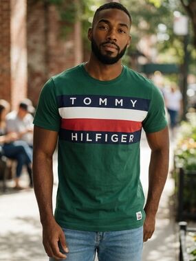 Tommy Hilfiger Green Crew Neck Embroidered Logo Stripe T-Shirt